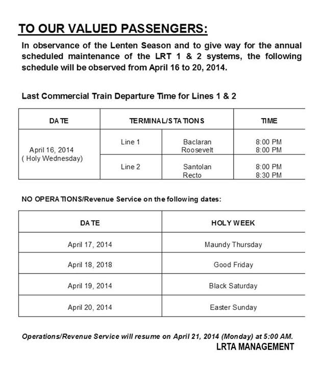 LRT schedule holy week 2014